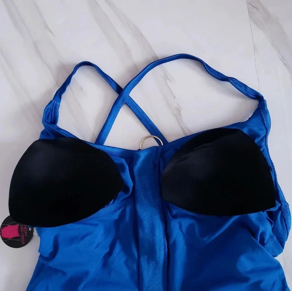 No Boundaries Juniors' Plus Size Rib Zip Front One Piece Swimsuit Royal Blue - Picture 7 of 16